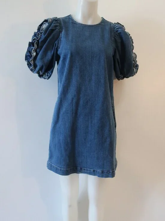 Womens Ulla Johnson Poppy (Item- 12) Blue Denim Ruffled Slv Mini Shift Dress 4 - Picture 6 of 14